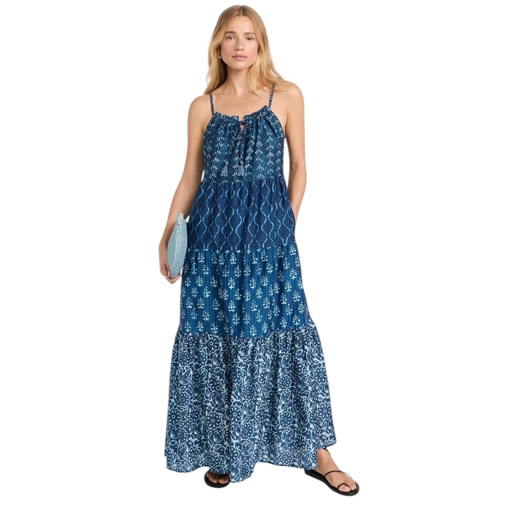 NWOT Faherty Sun Chaser Maxi Dress Cotton Silk Tiered M Blue Boho Coastal Beach